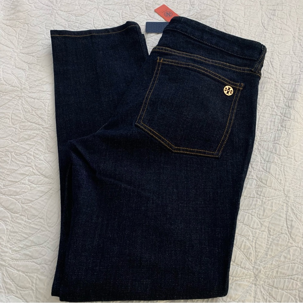Tory Burch NWT 31 Super Skinny Dark Blue Denim Jeans with Gold Buttons